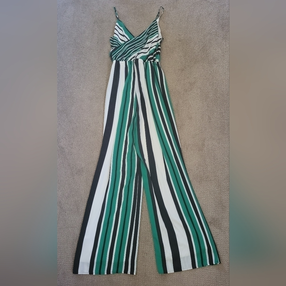 Express Sleeveless V Neck Multi Color Vertical Stripe Bow Tie Boho Jumpsuit - Picture 7 of 11